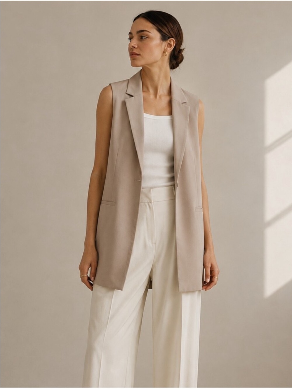 Tailored Sleeveless Vest in Beige - Modern Layering NWOT